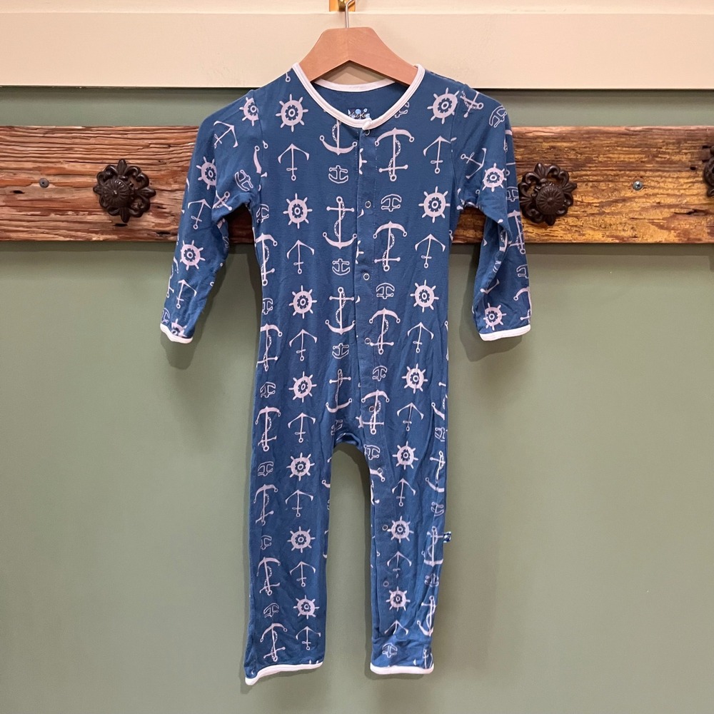 KicKee Pants 3T Nautical Anchor Ship Wheel Blue Bamboo Viscose Coverall Romper